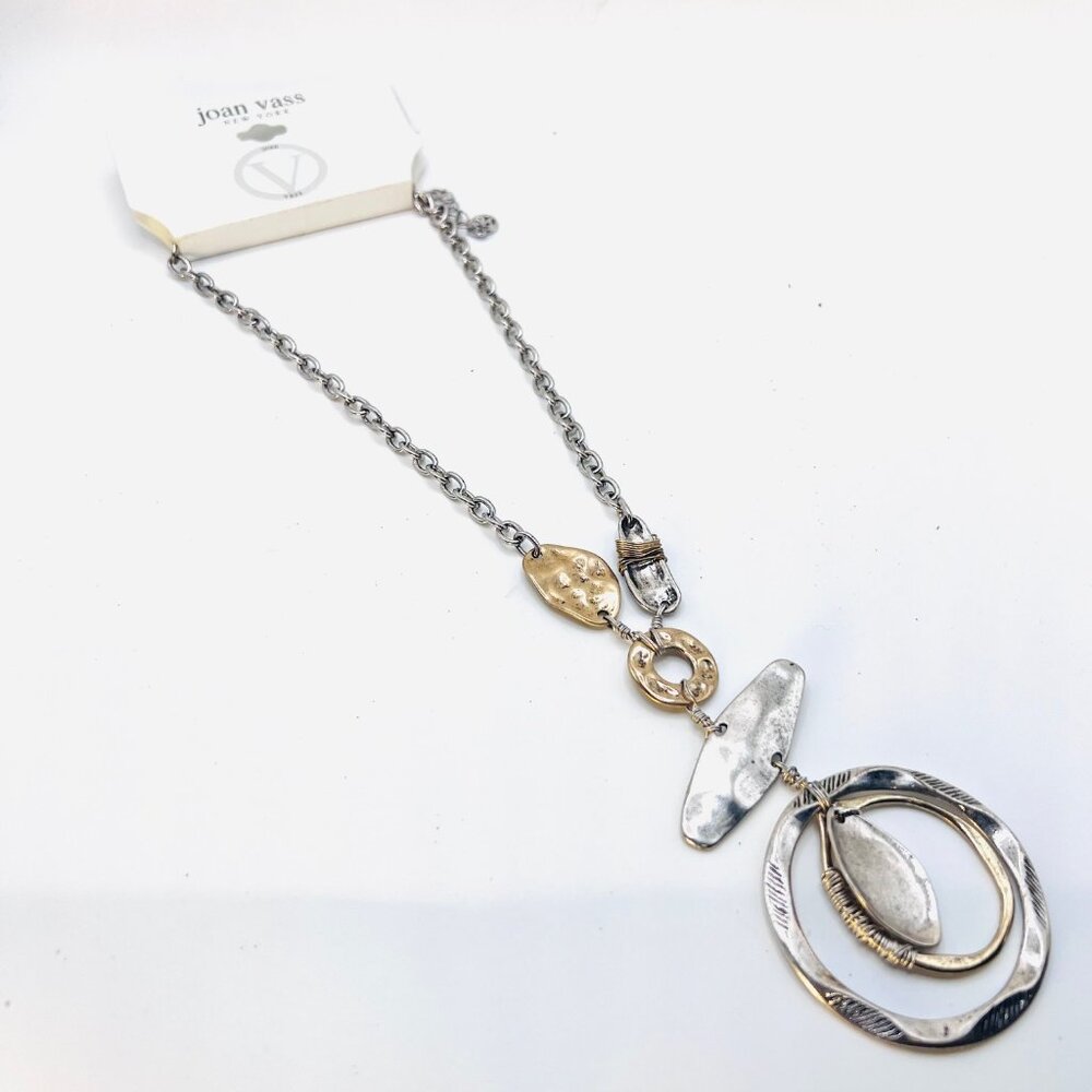 Joan Vass New York Necklace-NWT-Silver/Gold Rustic Mix-Casual-Versatile-V Neck - Picture 2 of 14